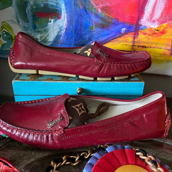 Rare Vintage GUCCI Ladies Drivers Loafers Shoes Red Patent Leather Designer GG - Picture 3 of 13
